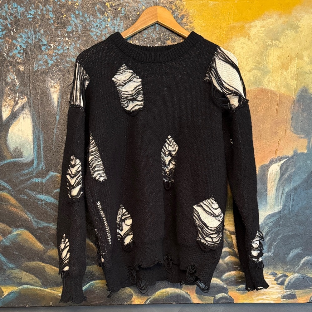Black Distressed Sweater with White Accents